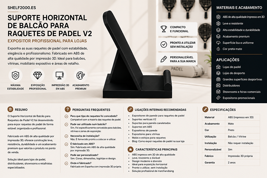Infografia do suporte horizontal de balcão para raquetes de padel V2, fabricado por impressão 3D em ABS e destinado a lojas, vitrinas e espaços comerciais.
